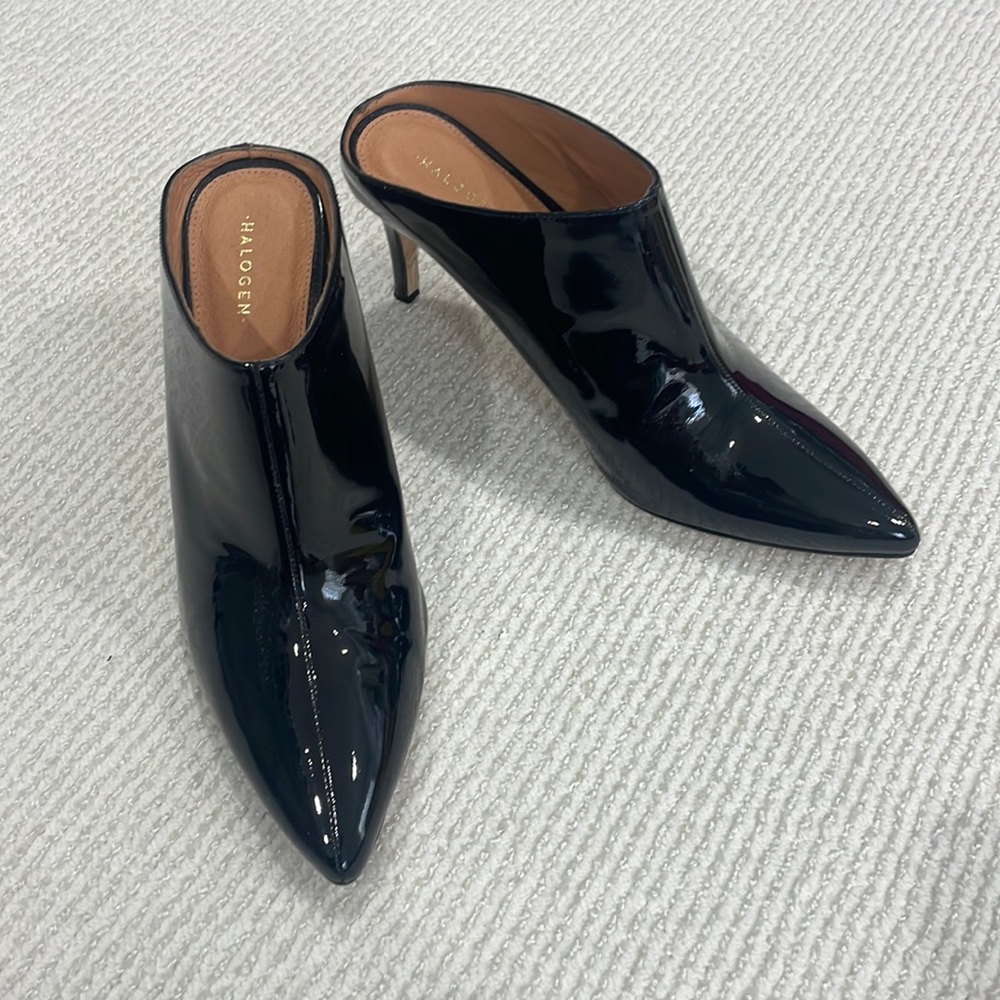 Black patent open back booties